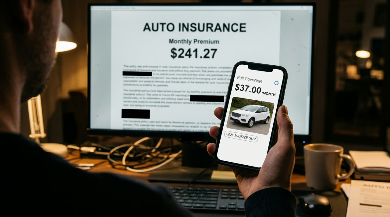 Old auto insurance policy at $241.27 per month compared with a new $37 per month full coverage quote on a phone